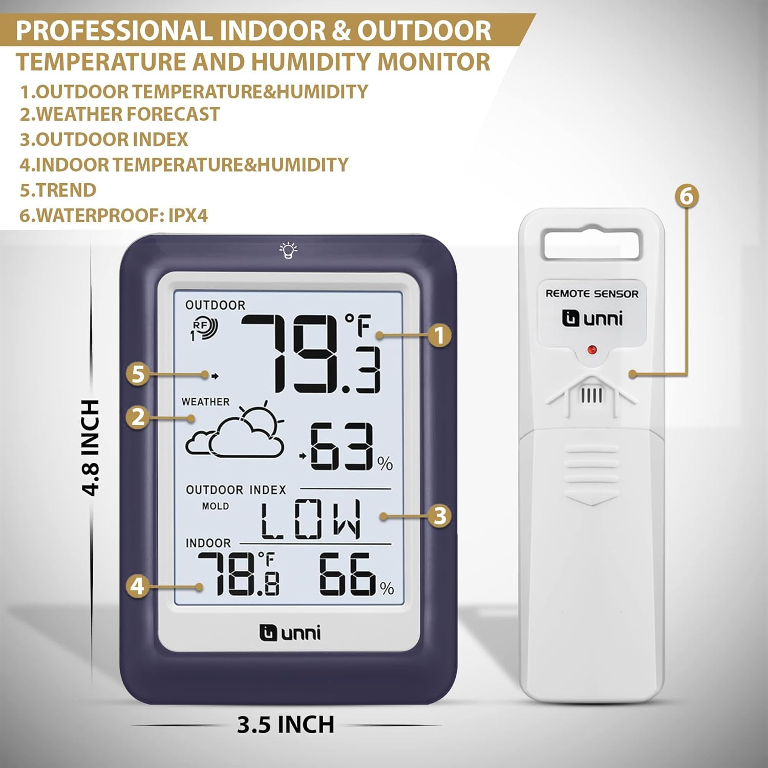 Indoor Outdoor Thermometer Wireless Weather Station, Temperature Humidity Monitor Battery Powered Inside Outside Thermometers with 330ft Range Remote Sensor and Backlight Display (Purple)