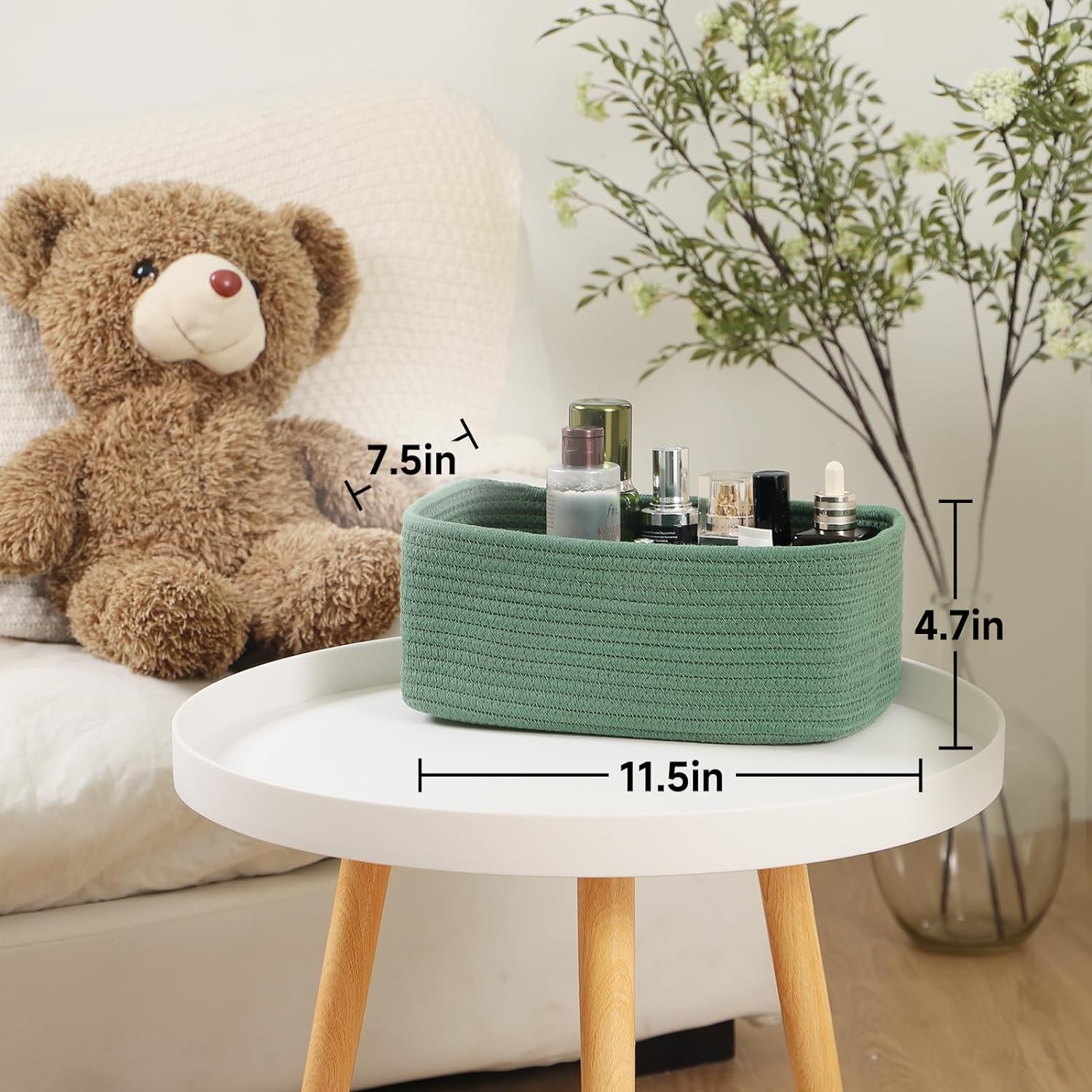 Small Storage Baskets for Organizing | Closet Organizer Bins | Shelf Toy Basket | Woven Rope Baskets | Cube Decorative Box | Shallow Basket | 11.5x7.5x4.7” | 4 Packs Green