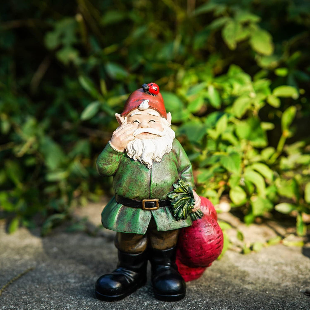 Topadorn Gnomes Figurine Resin Sculpture Garden Gnome Drag a Brunch of Radishes Statue with a Ladybug for Indoor Outdoor Decor, Radish Harvest 10 Inch, Weatherproof Garden Gnome Yard Statue Decor
