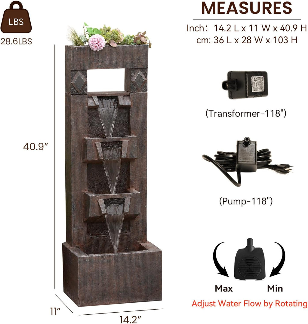 40.9" H 4-Tier Indoor/Outdoor Modern Water Fountain with Led Lights and Pump, Outdoor Freestanding Cascading Waterfall - Suitable for Garden, Patio, Porch, Yard and Outdoor Decor (Brown)