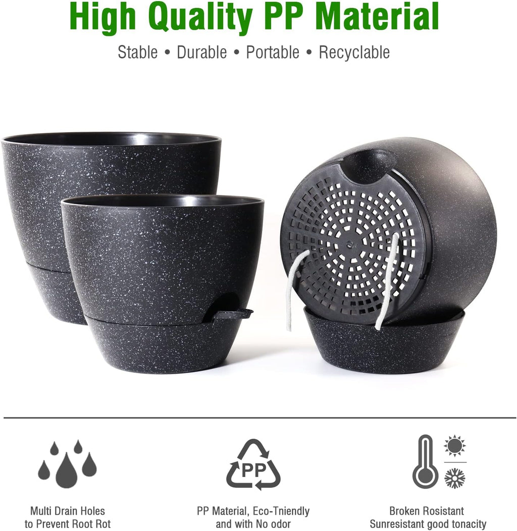 10/9/8 inch Self Watering Pots, Set of 3 Plastic Planters with Mesh Drainage Holes and Deep Reservoir for Indoor Outdoor Garden Plants and Flowers, Black Speckles