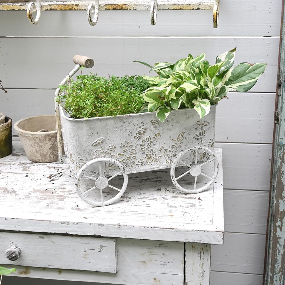 Flower Cart with Wooden Handles, Metal Wagon Planters for Outdoor Plants, Garden Planter with Wagon Wheels, Decorative Wheelbarrow, Plant Cart for Patio Garden Balcony (White)