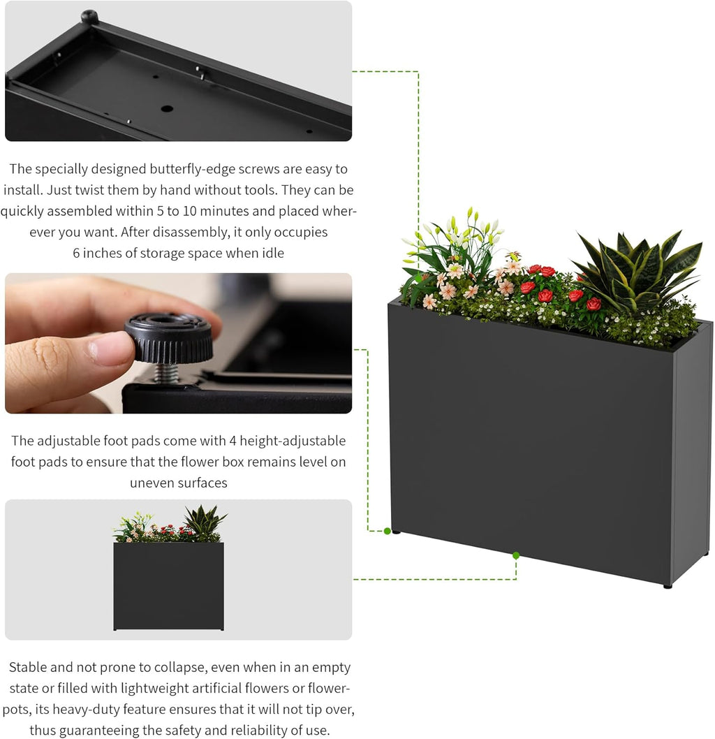 38" L x 10" W x 30" H Black Planter Box - Thickened Galvanized Steel with Weather-Resistant Coating, Heavy-Duty Raised Garden Bed for Outdoor Plants, Easy Assembly & Adjustable Feet