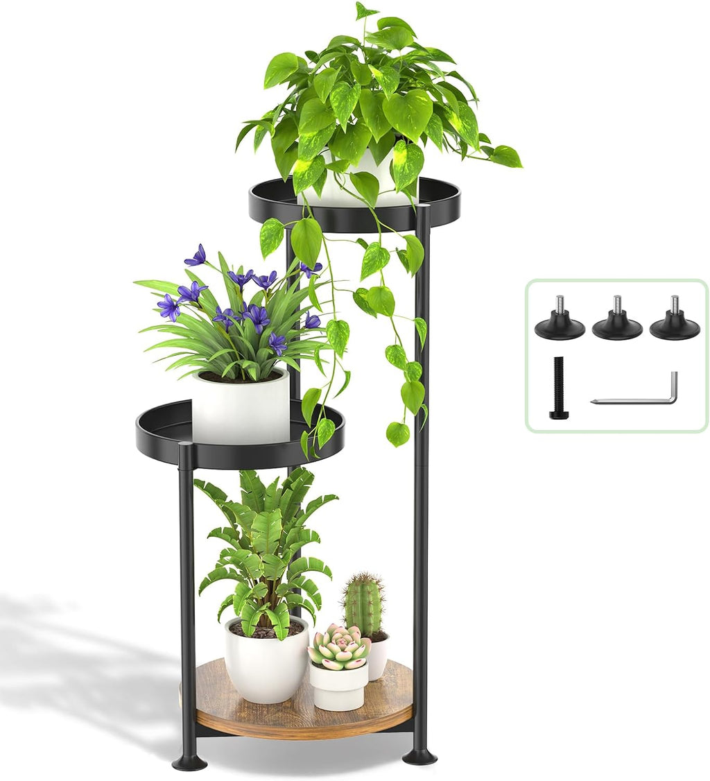 3 Tier Plant Stand Indoor Outdoor, Corner Tierd Metal Flower Shelf Pot Holder Clearance, Tall Multiple Plants Rack Narrow Display Organizer for Patio Orchid Office Porch Living Room Garden,Black