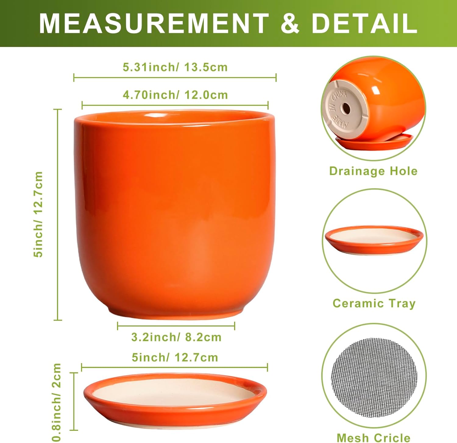 5 Inch Plant Pot - Ceramic Planter for Succulent Cactus Herbs Indoor Plants, Modern Round Flower Pot with Drainage Hole and Saucer, Gifts for Plant Lovers, Patio Office Home Decor, Orange