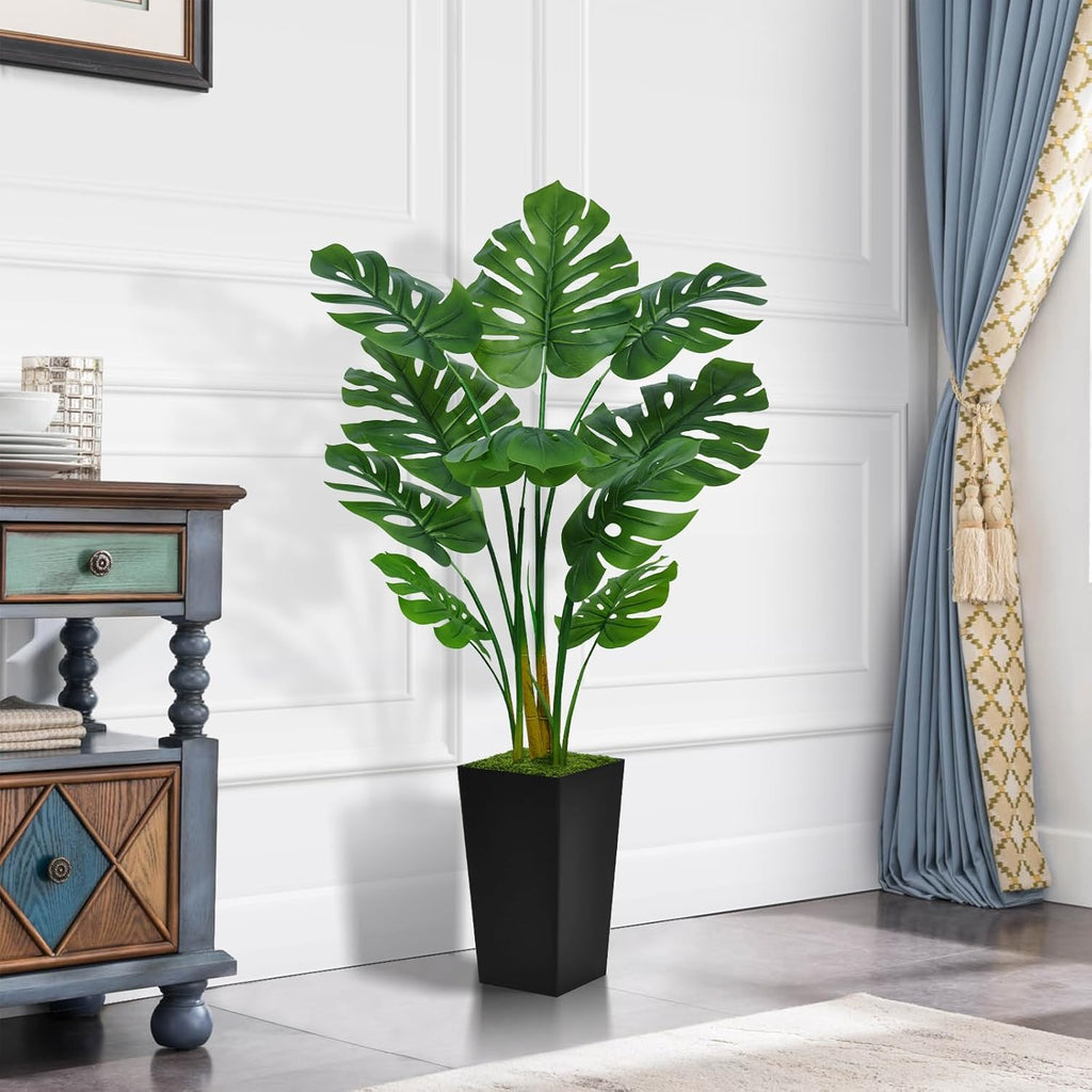 Artificial Monstera Deliciosa Plant 5FT - Faux Tropical Palm Tree with Black Tall Planter - Fake Swiss Cheese Floor Plant in Pot - Artificial Tree for Home Office Living Room Decor Indoor