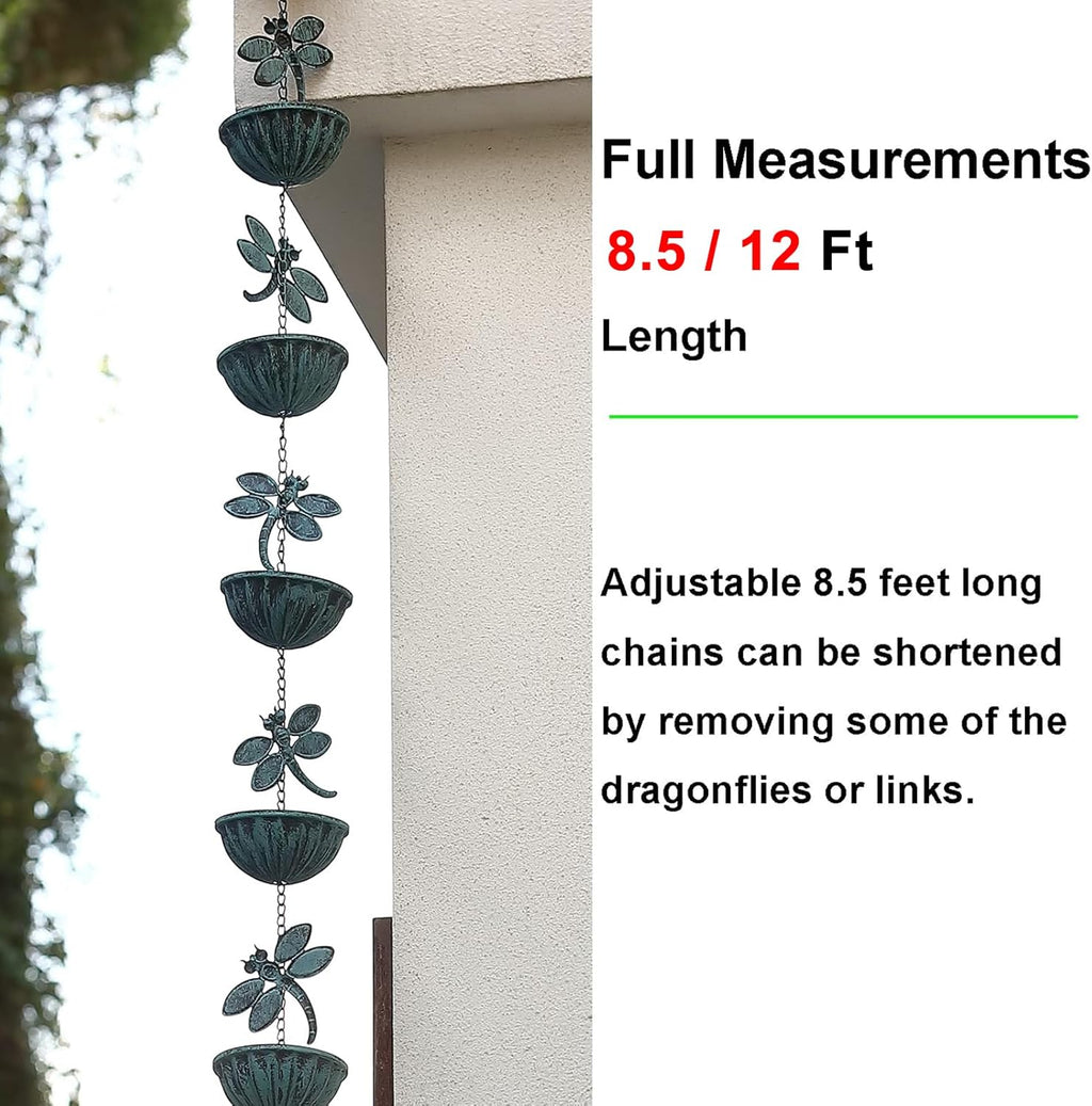 Iron Dragonfly & Cups Rain Chains, 12 Ft Replacement Downspout for Gutters, Antique Blue