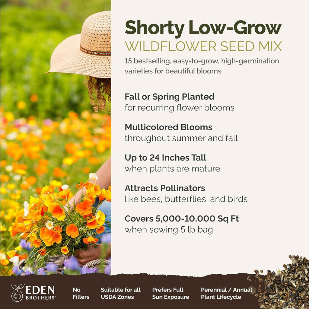 Eden Brothers Shorty Low Grow Wildflower Mixed Seeds for Planting, 5 lb, 2,400,000+ Seeds with Calendula, Cornflower | Attracts Pollinators, Plant in Spring or Fall, Zones 3, 4, 5, 6, 7, 8, 9, 10