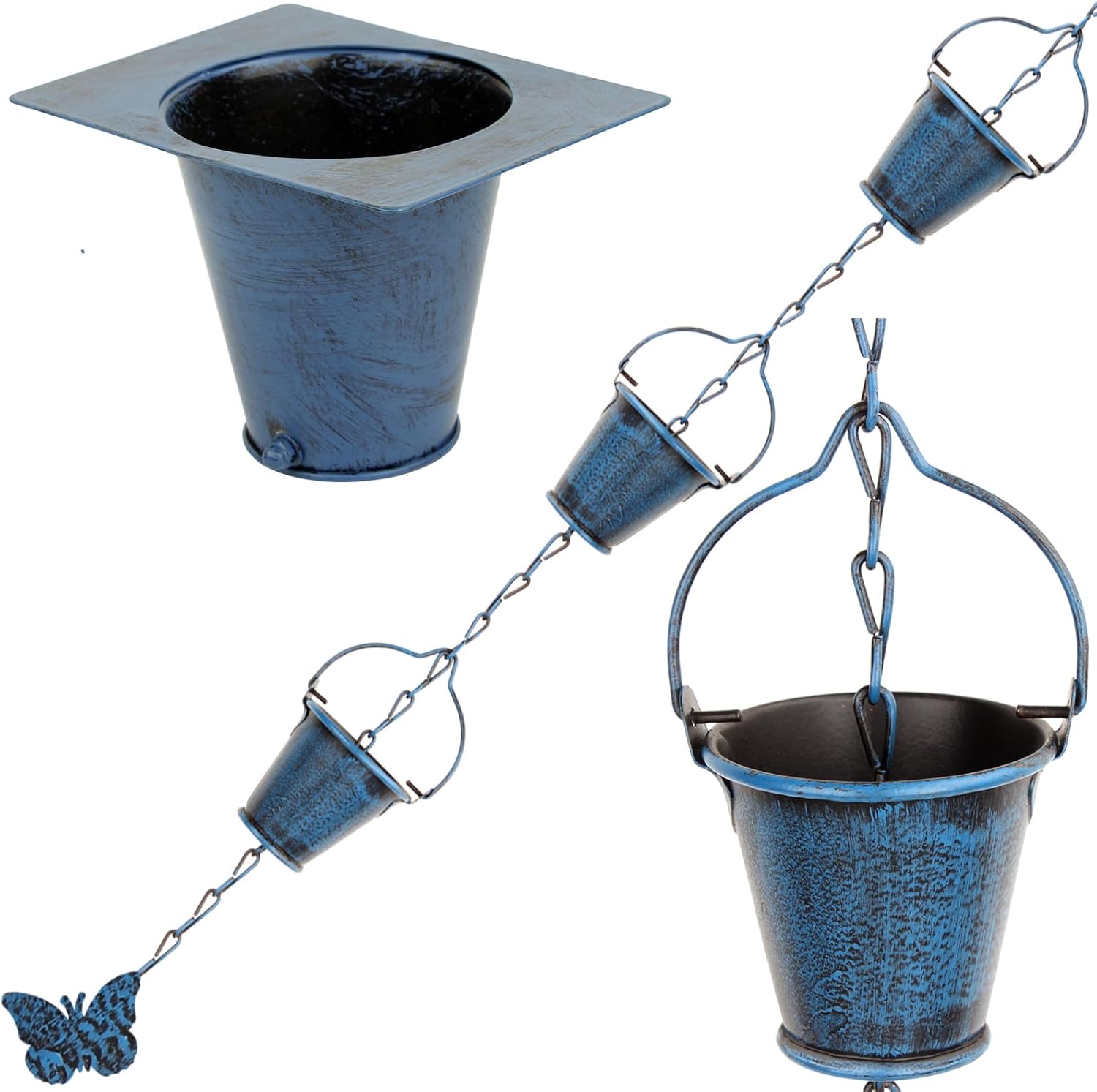 Rain Chain for Outsidewith 1 Adapter,Wrought Iron Rain Chains 9 FT Set,Rain Chains for Gutter with Rain Chain 16 Cup and Decorative Butterfly(Retro Blue)