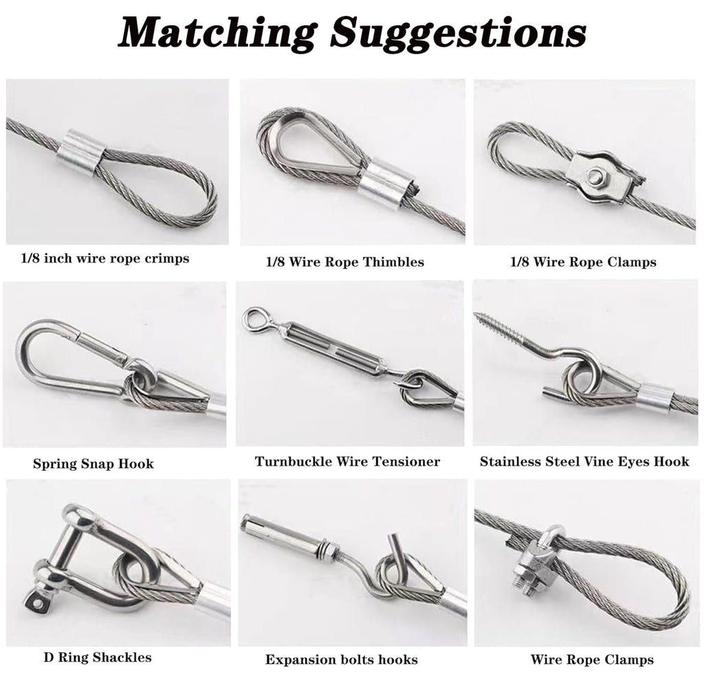 1/8" Wire Rope Kit with M5 Turnbuckles - 164FT Vinyl Coated Stainless Steel Cable, 7x7 Braided Strands Aircraft Cable for Climbing Plants, Outdoor String Lights Hanging