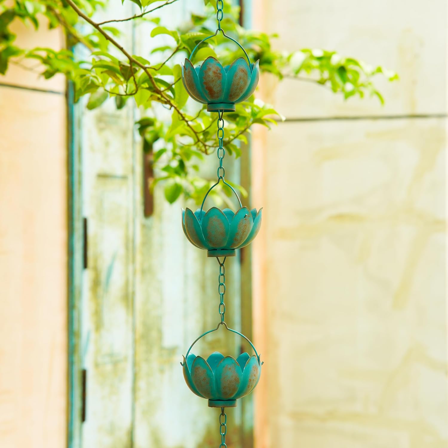 Metal Rain Chain Decoration 8.5FT., Rain Catcher Metal Chain Gutter Downspout 104'' for House Eaves, Garden & Home, Flower Cups Garden Decoration,Lake Blue