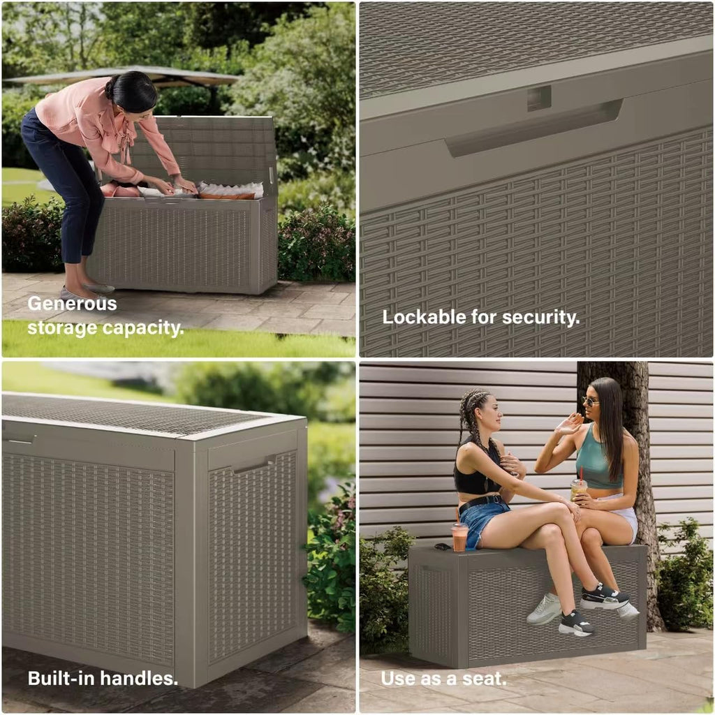 100 Gallon Waterproof Large Resin Deck Box Indoor/Outdoor Lockable Storage Container and Seating for Garden, Pool, and Patio (100 Gallon, Grey)