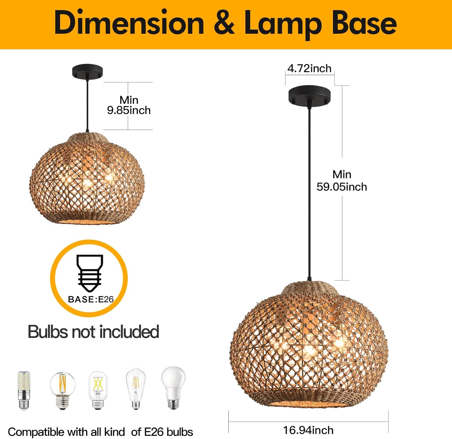 16.94" Rattan Pendant Light,Boho Wicker Chandelier Woven Water Plants, of Kitchen Island Farmhouse Dining Room,Entryway Foyer