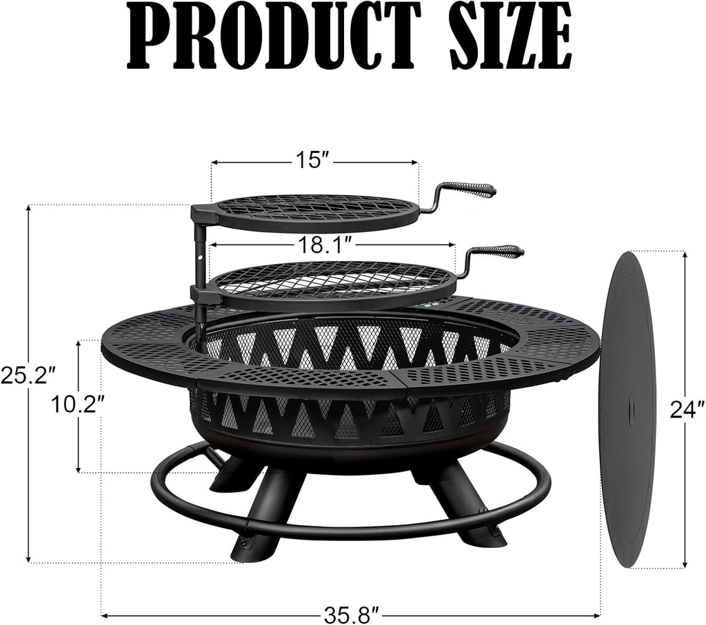36 Inch Fire Pit with 2 Grills, Large Outdoor Firepits for Outside, Wood Burning Fireplace for Camping,Picnic,Bonfire, 3-in-1 Round Metal Table with Lid for Backyard,Patio,Party