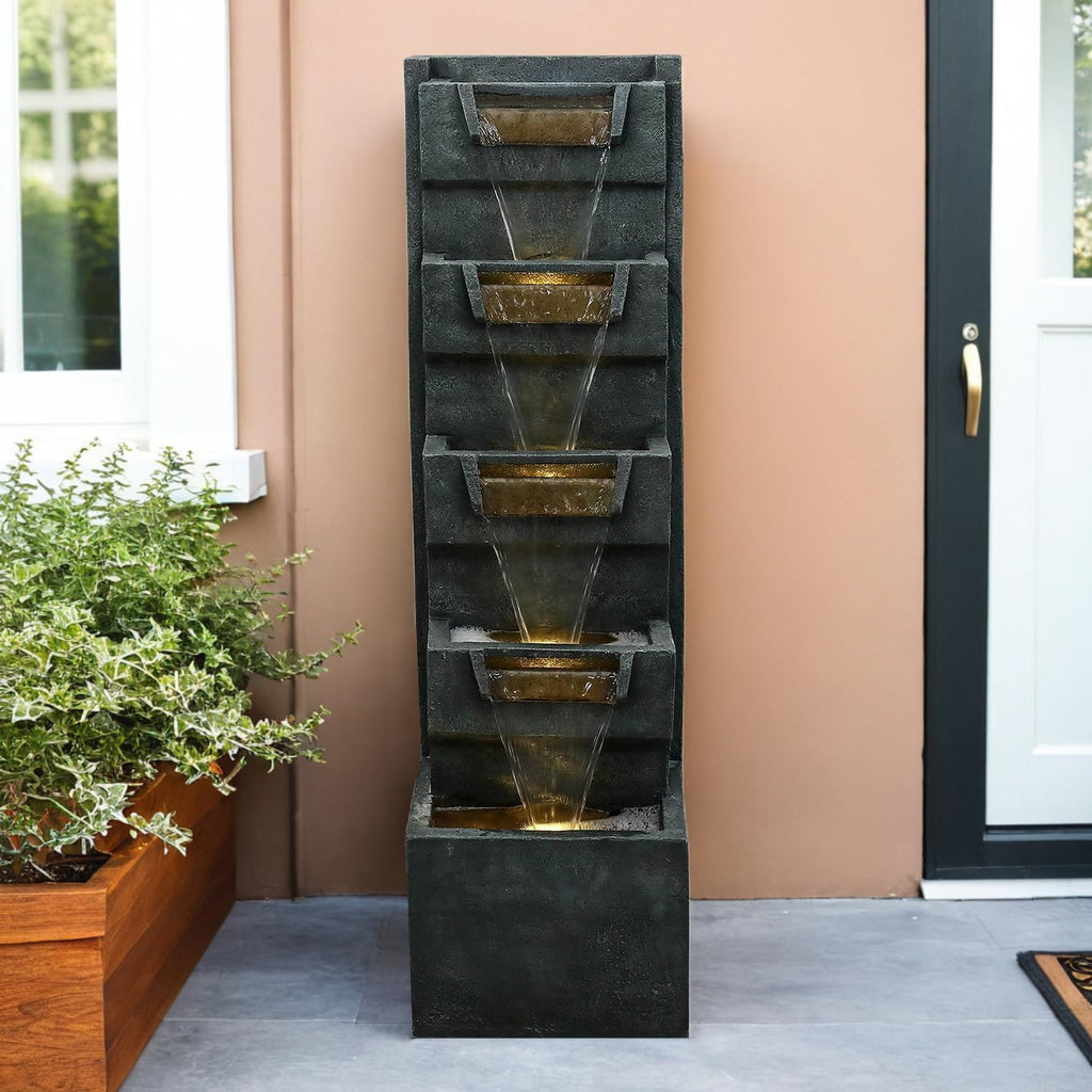 39.3" H Modern Water Fountain 5-Tier Outdoor Garden - Water Fountain w/LED Lights Cascading Waterfall Features for Home Garden Backyard Decor
