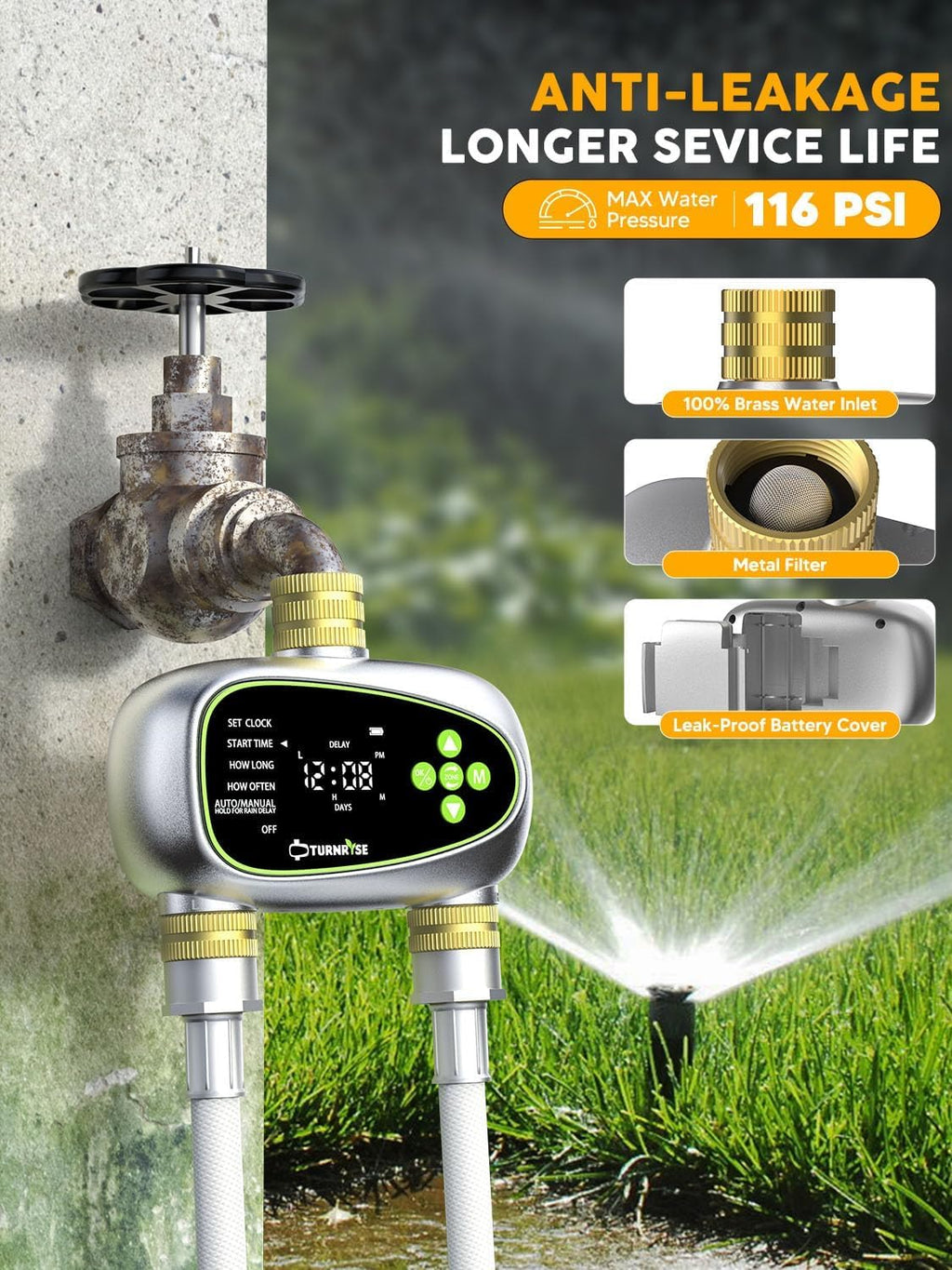 Water Timer for Garden Hose - 2 Zone Sprinkler Controller with Soil Moisture Sensor, Rain Delay & Brass Inlet Programmable Hose Timer, Automatic Drip Irrigation System for Yard Lawn Greenhouse