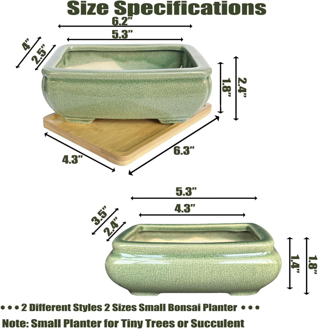 MUZHI 2pcs Green Ceramic Bonsai Planter Pots with Bamboo Tray 6.2 “ & 5.3”, Rectangular Glazed Bonsai & Succulent Cactus Starter Pot with Drainage Ice Crack Design