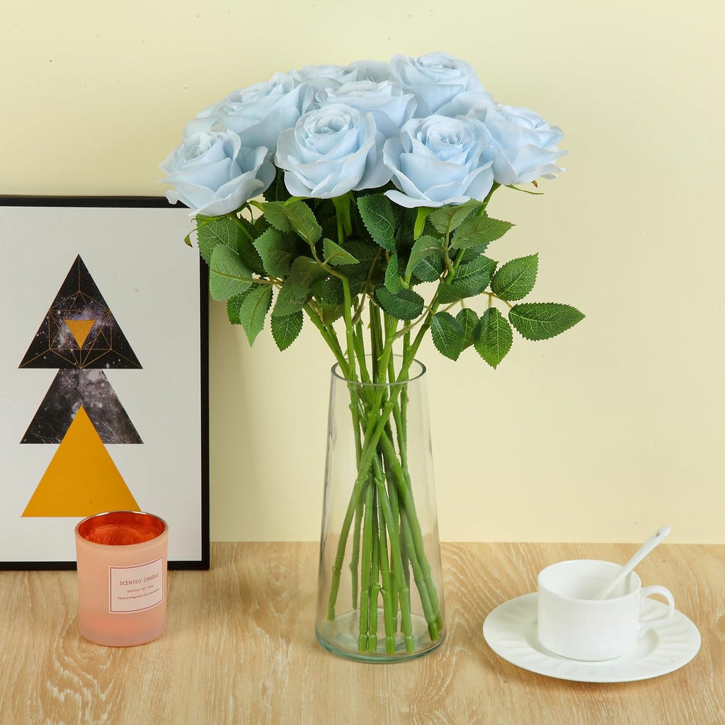 12pcs Roses Artificial Flowers Fake Roses Baby Blue Silk Roses White Silk Flowers Rose with Long Stems for Wedding Home Party Centerpieces Decorations