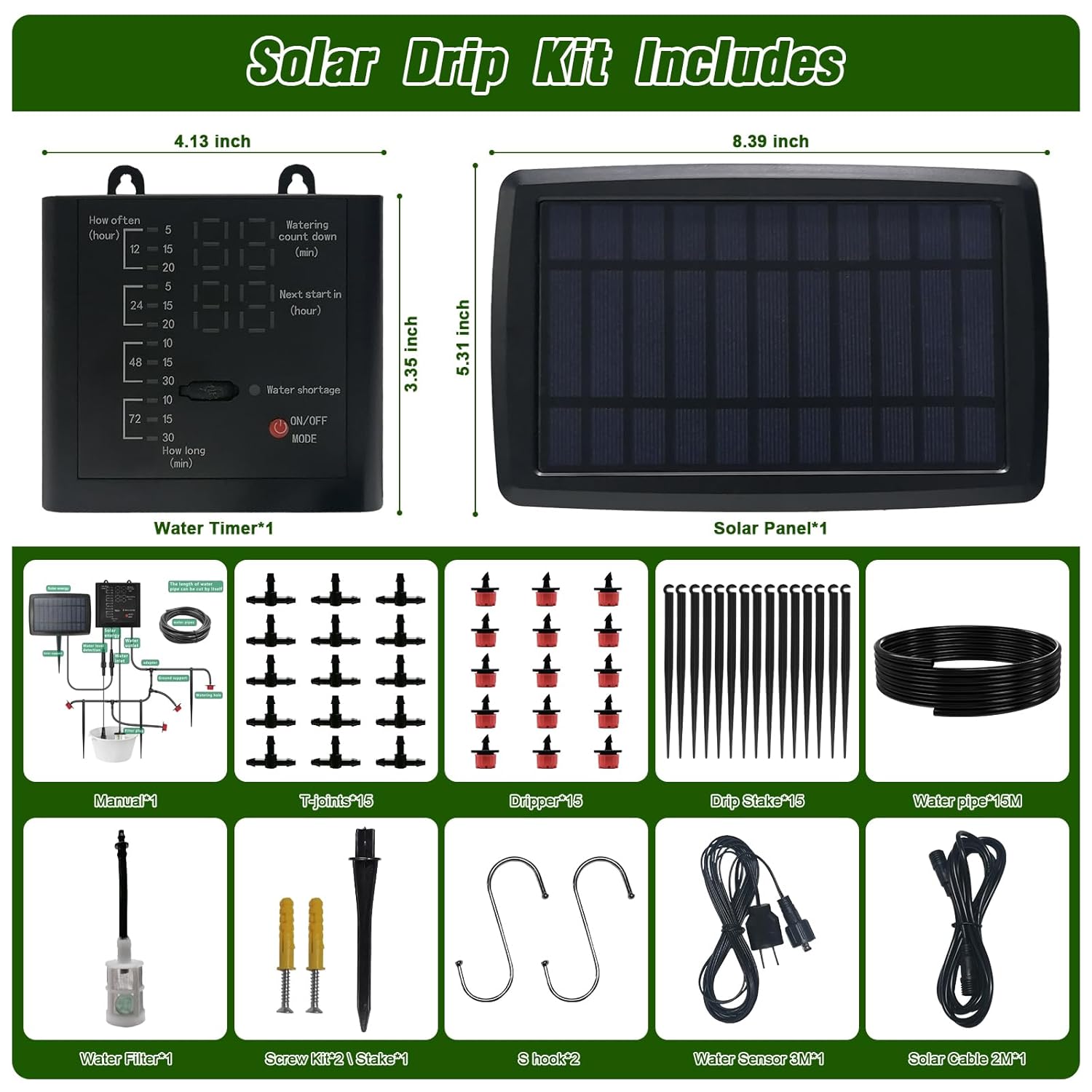 Solar Drip Irrigation System for Garden, Automatic Drip Irrigation Kits,Plants Self Watering Devices for Vacation,Solar/Battery Powered Water Pump for Potted Plants,Raised Beds,Greenhouse (15 Pots)