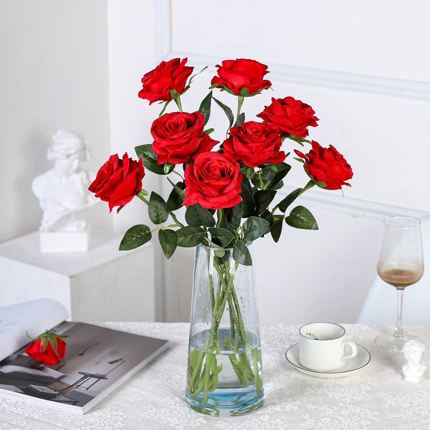 Hawesome 12PCS Artificial Silk Flowers Realistic Roses Bouquet Long Stem for Home Wedding Decoration Party (12pcs-red 1)