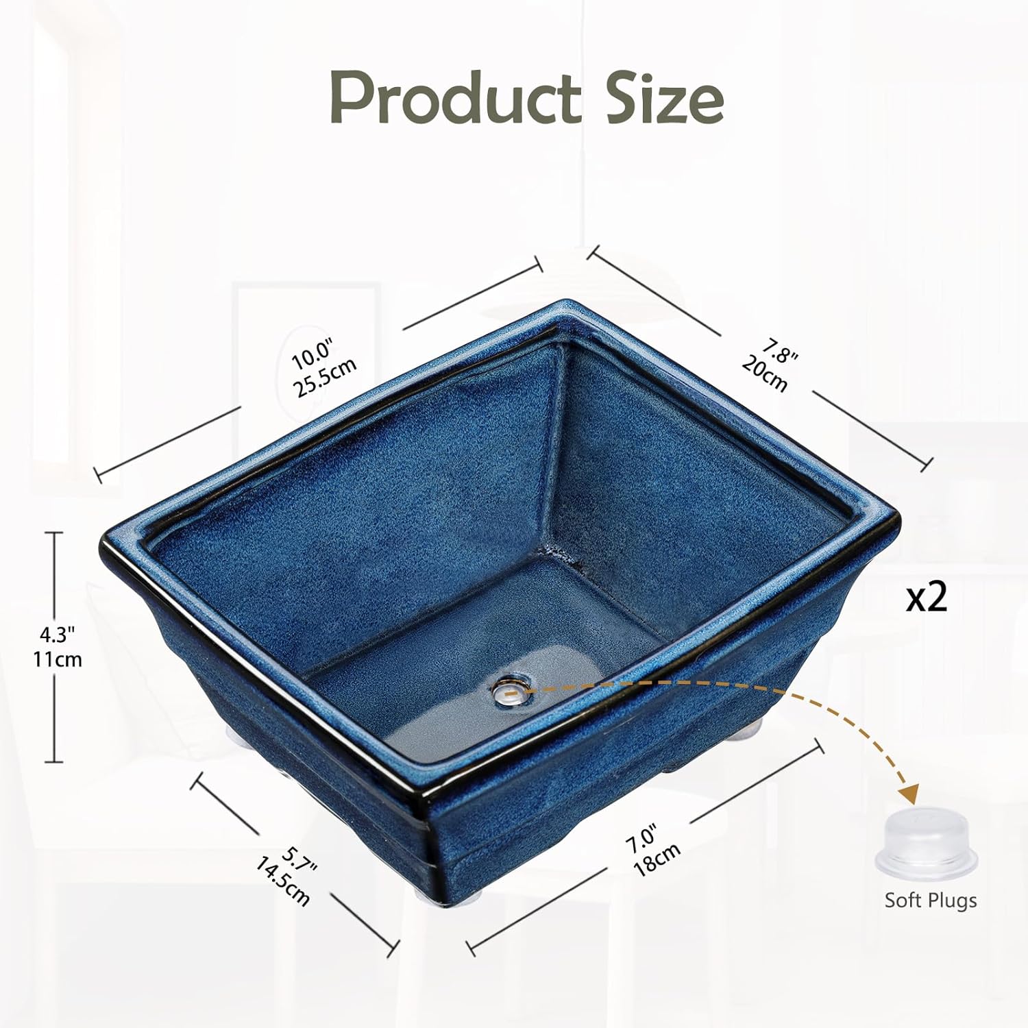 Set of 2 Large Blue Glazed Ceramic Bonsai Pots, 10" Rectangular Bonsai Planters Pots with Drainage Hole for Indoor/Outdoor Plants, Bonzie Tree Pot for Succulents, Cacti, Orchids, Herbs, Spider Plants