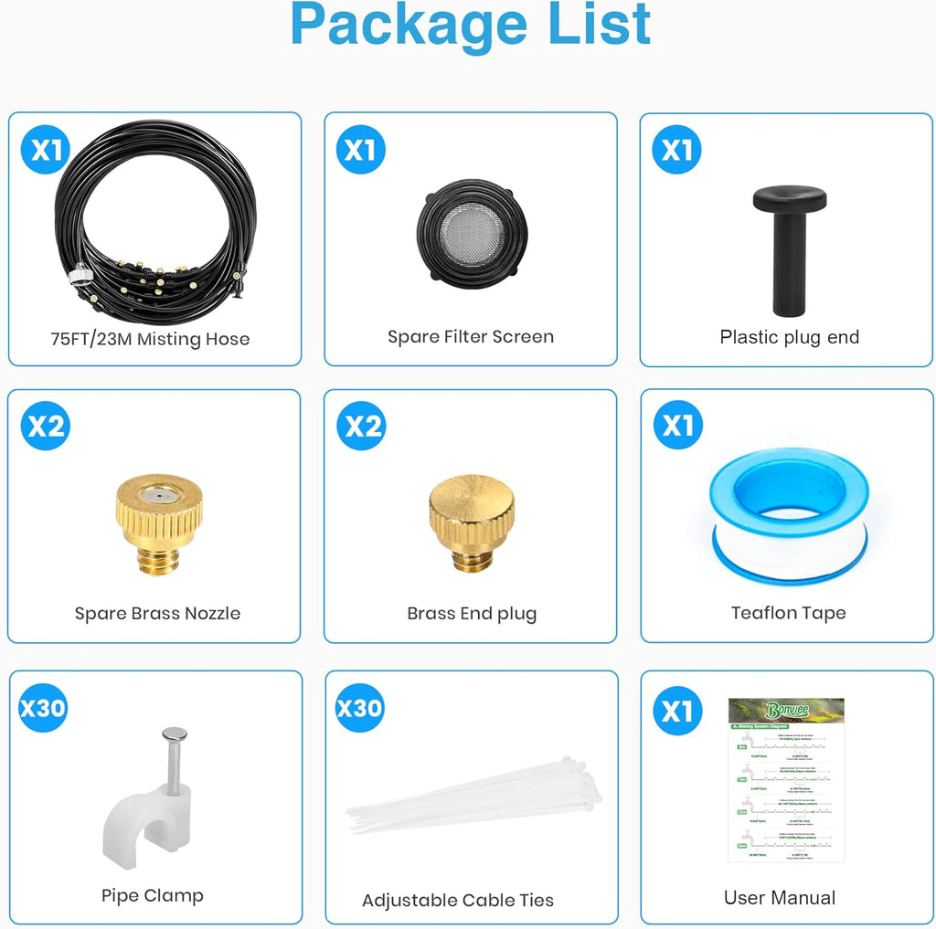 Bonviee Misters for Outside Patio - 75FT Misting Cooling System with 28 Brass Nozzles and 3/4" Adapter, 23M DIY Outdoor Misters Kit for Garden, Greenhouse, and Patio Cooling