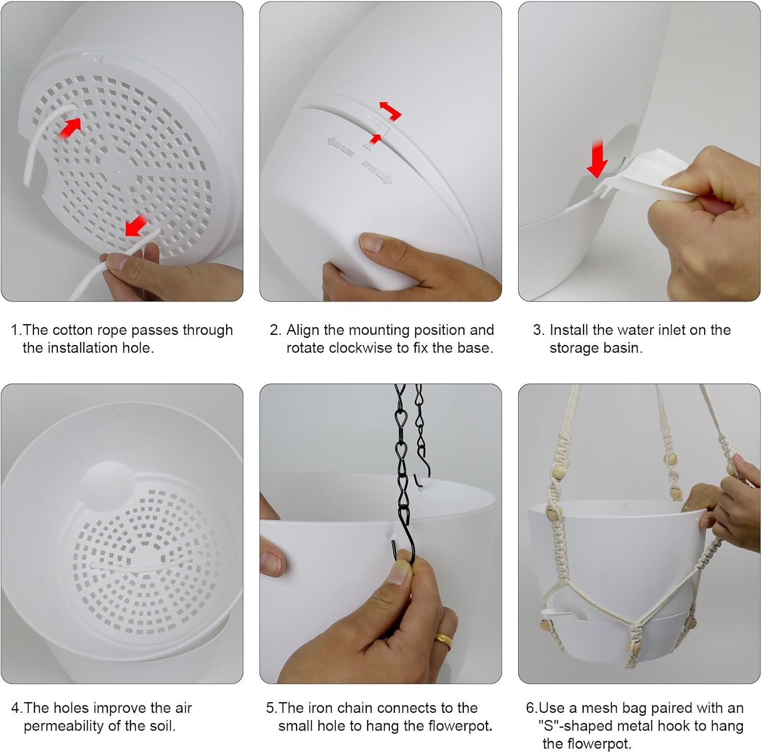 10 inch Self Watering Hanging Planters, 2 Pack Hanging Flower Pots for Indoor Outdoor Plants, Hanging Baskets with Drainage Holes & 2 Kinds of Plant Hangers for Garden Home Decor, White