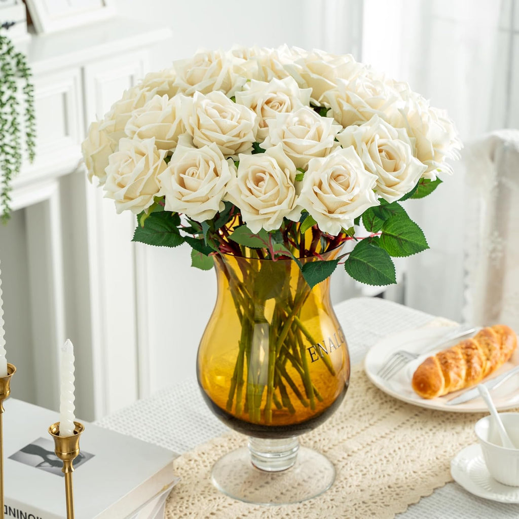 Fake Roses Faux Flowers 24PCS Silk Roses Artificial Roses with Stems Realistic Artificial Flowers Suitable for Indoor Home Decoration DIY Bouquet Wedding Decor Party Decor 16.5In (White)