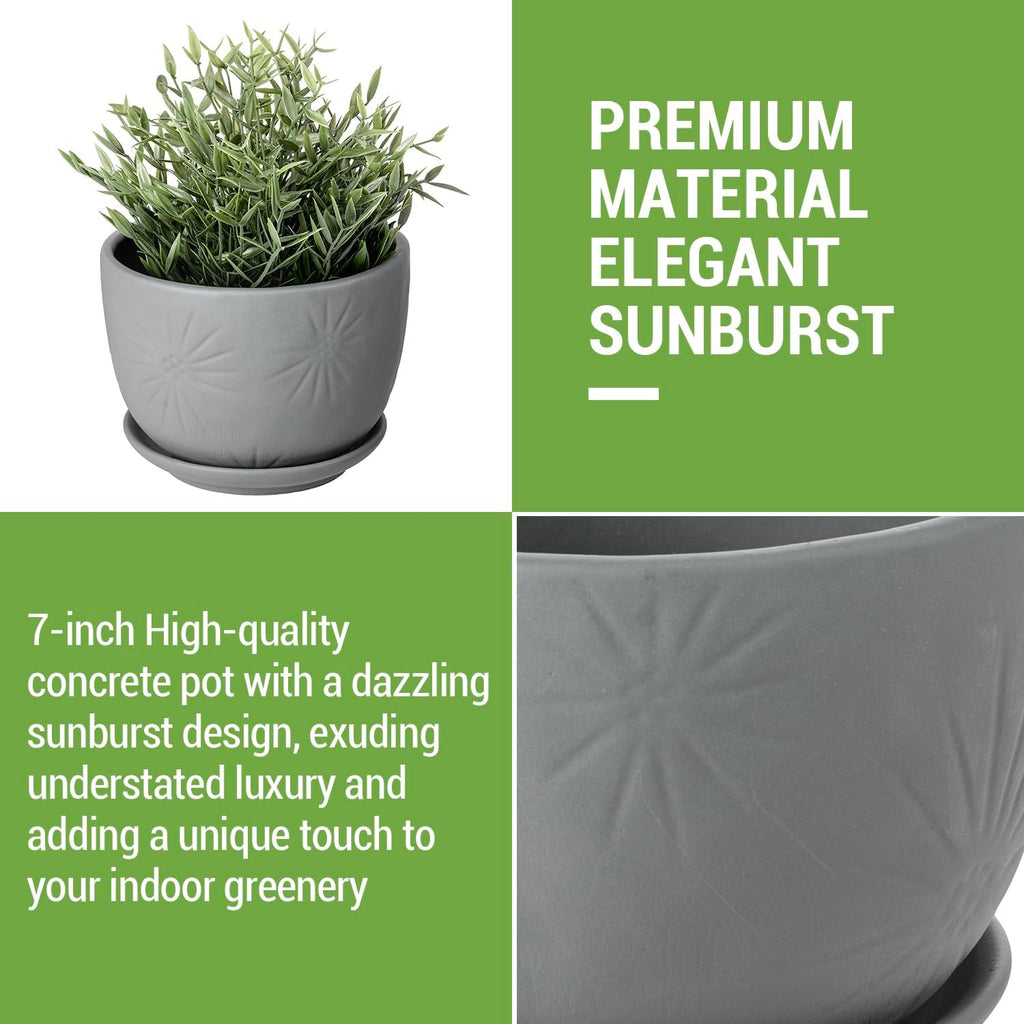MyGift 7 Inch Grey Ceramic Plant Pot with Drainage Hole and Attached Saucer, Modern Decorative Embossed Sunburst Planter Container for Indoor Home Garden