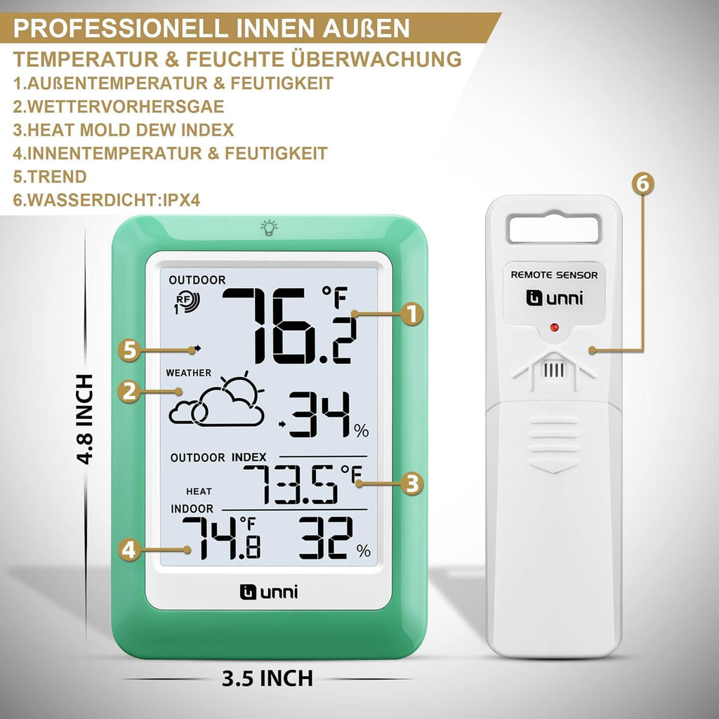 Indoor Outdoor Thermometer Wireless, Temperature Humidity Monitor Battery Powered Inside Outside Thermometers with 330ft Range Remote Sensor(Green)