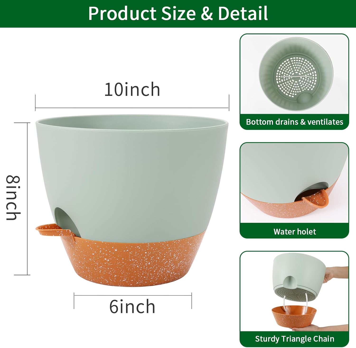 GARDIFE 10 inch Plant Pots,Self Watering Pots, 2 Pack Flower pots, Large Plastic Planters with Deep Reservior and High Drainage Holes for Indoor Outdoor Plants and Flowers, Green