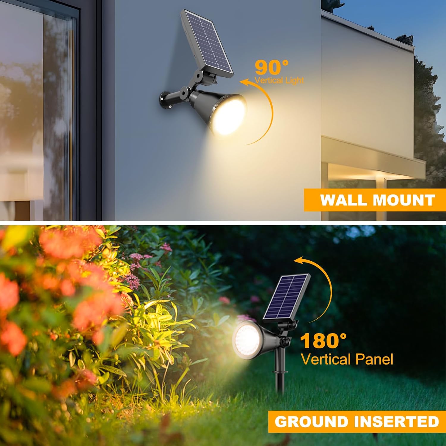 Solar Spot Lights Outdoor, 36 LEDs Solar Landscape Lighting with 2200mAh, Outdoor Lights Auto On/Off 2-in-1 Wall or Ground Solar Powered for Yard Garden- 2 Pack (Warm White)