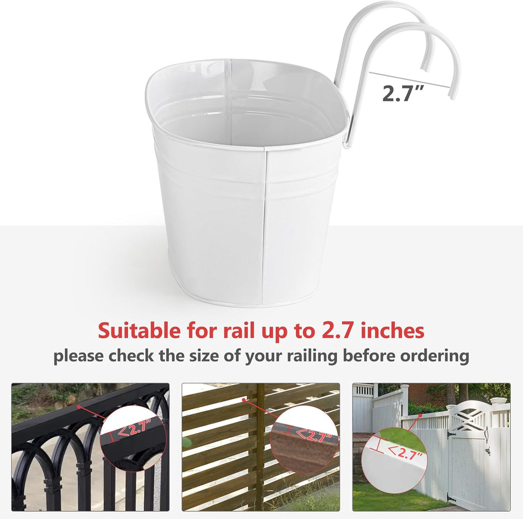 Dahey Metal Iron Hanging Flower Pots for Railing Fence Hanging Bucket Pots Countryside Style Outdoor Planter Window Flower Plant Holder with Detachable Hooks Home Decor,White,4 Pcs