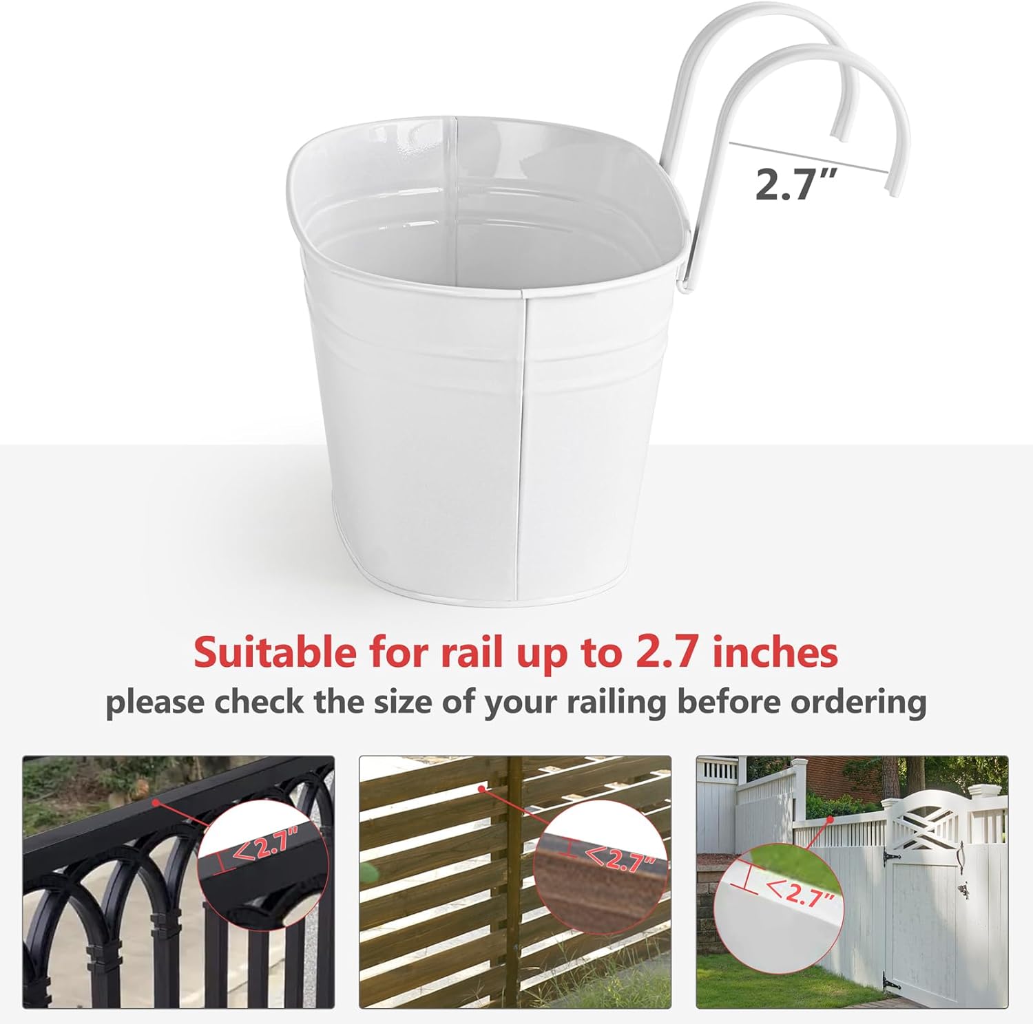 Dahey Metal Iron Hanging Flower Pots for Railing Fence Hanging Bucket Pots Countryside Style Outdoor Planter Window Flower Plant Holder with Detachable Hooks Home Decor,White,4 Pcs