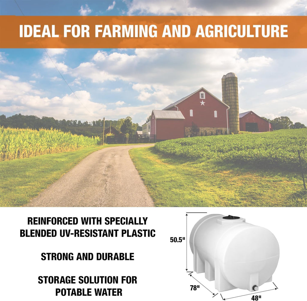 RomoTech 82124269 Horizontal Polyethylene Reservoir Water Tank w/Legs, 550 gal, Made in USA, Natural Poly Tank for Non-Flammable Liquids, UV-Resistant, Ideal for Agricultural Use, RV Water Storage