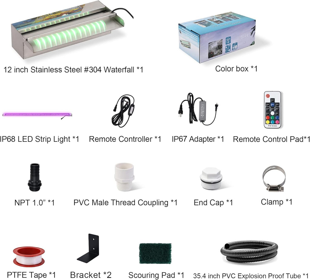 YUDA 24'' Stainless Steel Waterfall Pool Fountain with SMD LED 7 Color Changing and Remote, Lighted Waterfall Spillway for Sheer Descent Garden Outdoor