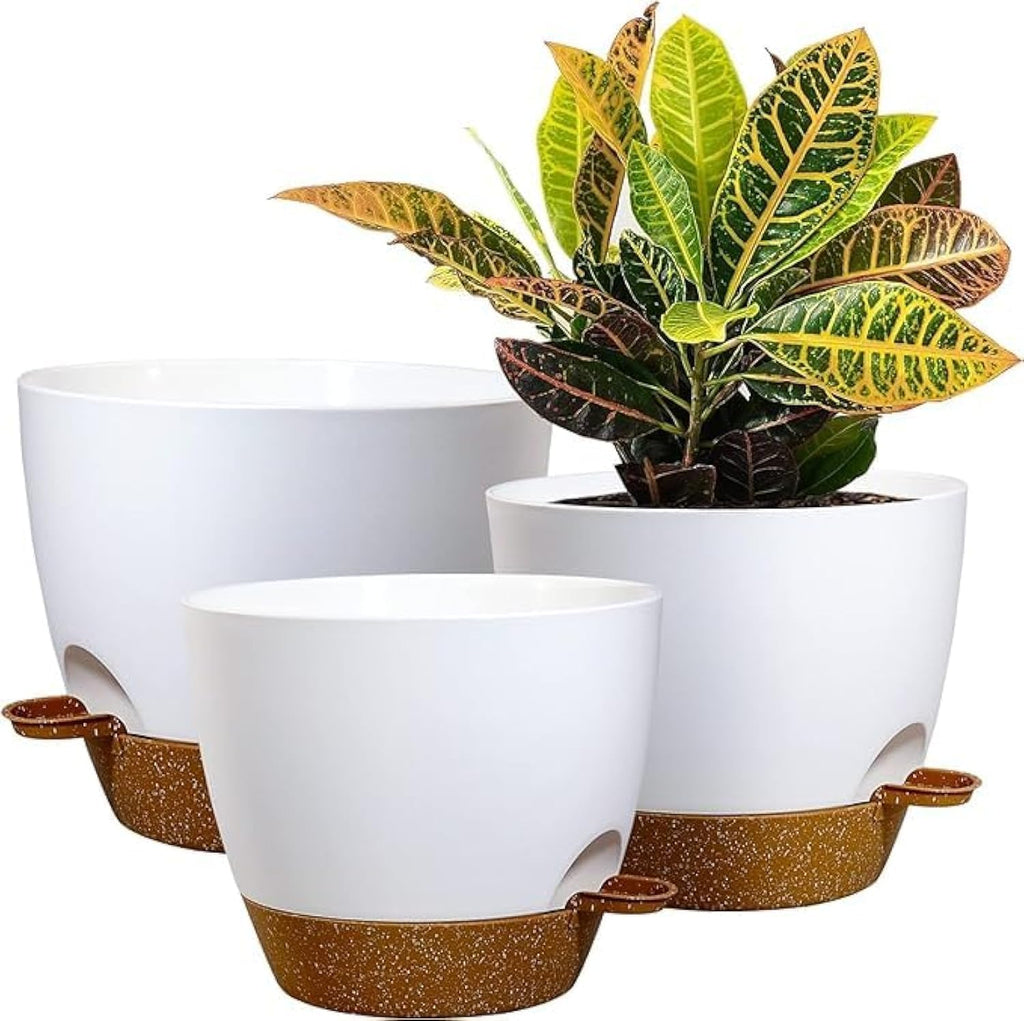 10/9/8 inch Self Watering Pots, Set of 3 Plastic Planters with Mesh Drainage Holes and Deep Reservoir for Indoor Outdoor Garden Plants and Flowers, White with Brown