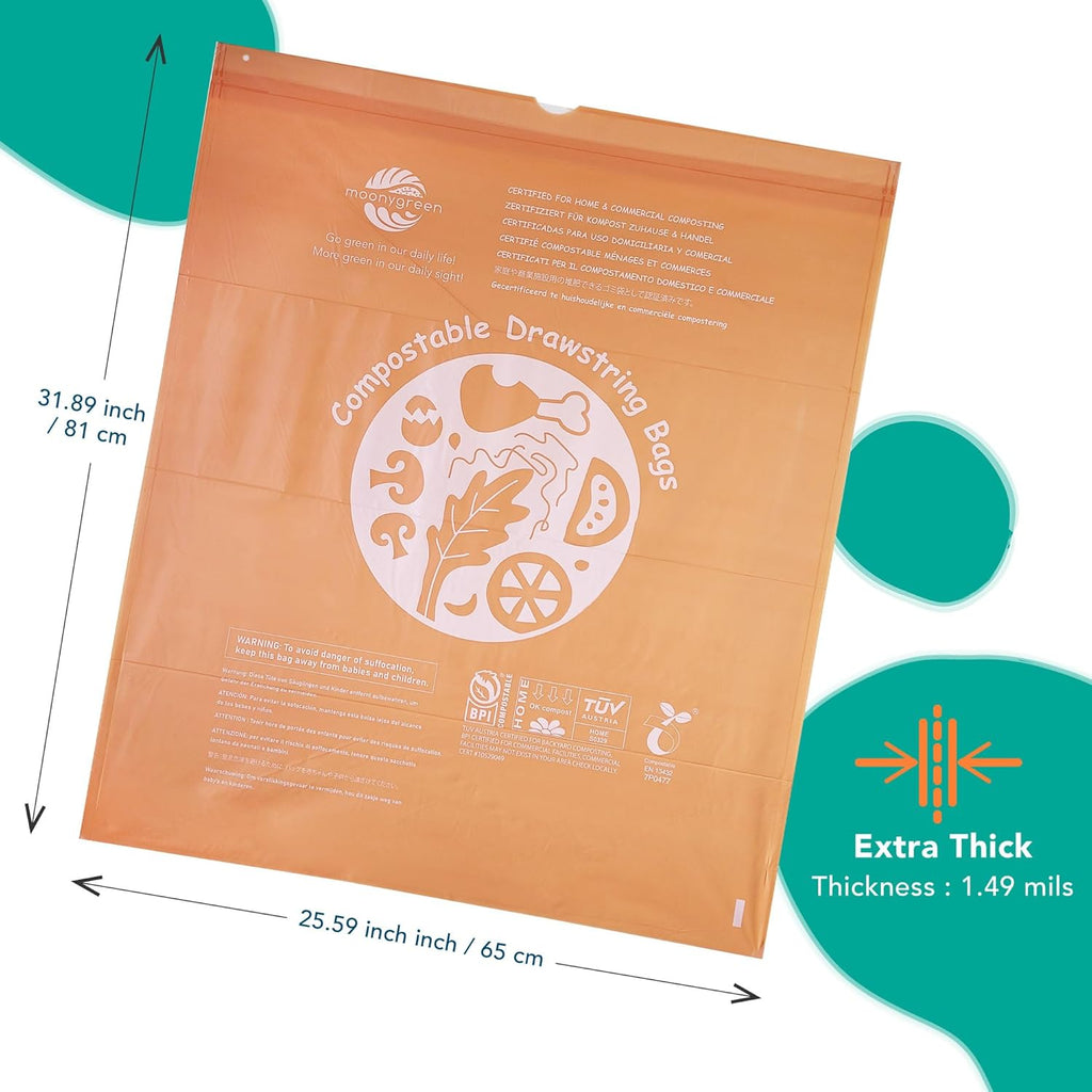 Compostable Trash Bags 13 Gallon, Drawstring Bin Bags, Heavy Duty Waste Bags, Extra Thick, Certified US BPI ASTM D6400, 49.2 Liter, 30 Counts
