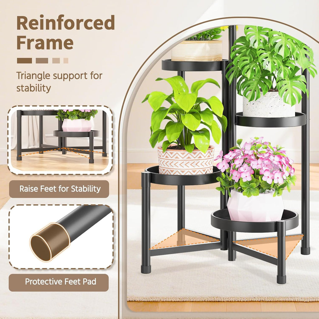 LASZOLA 5 Tiered Folding Tall Plant Stand Indoor for Multiple Large Planter, Heavy Duty Metal Adjustable Flower Rack for Narrow Corner, Sturdy Vertical Spiral Shelving Holder for Modern House, Black