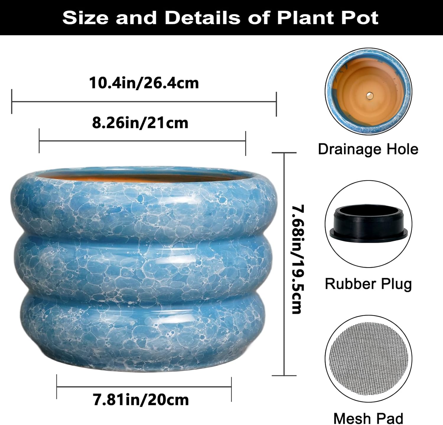 SQOWL 10 Inch Planter Pot - Ceramic Plant Pot with Drainage Hole Planter for Indoor Plants Large Flower Pot Decorative Plant Pot Outdoor Planter for Porch Decor Blue