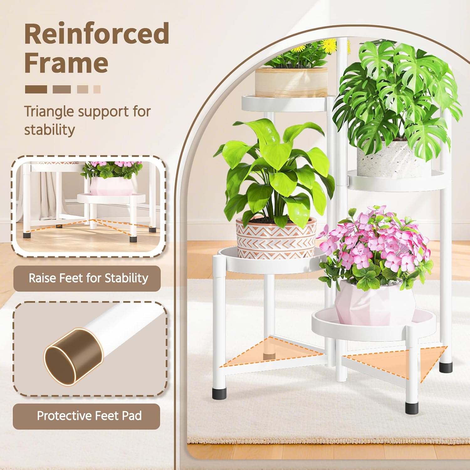 LASZOLA 5 Tiered Folding Plant Stand Indoor for Multiple Large Planter, Tall Heavy Duty Adjustable Rack with Rust Proof 10 Inch Wide Tray, Sturdy Vertical Tree Organizer for Narrow Inside Floor, White
