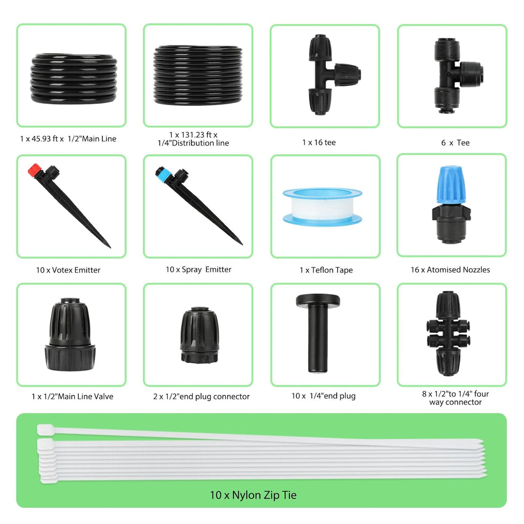 177FT Drip Irrigation Kit – 2025 New Quick-Connect Micro Irrigation System with 46FT 1/2'' Tubing, Locking Nozzle Emitters, Adjustable Misting Sprayers for Gardens, Lawns, Raised Beds and Greenhouses