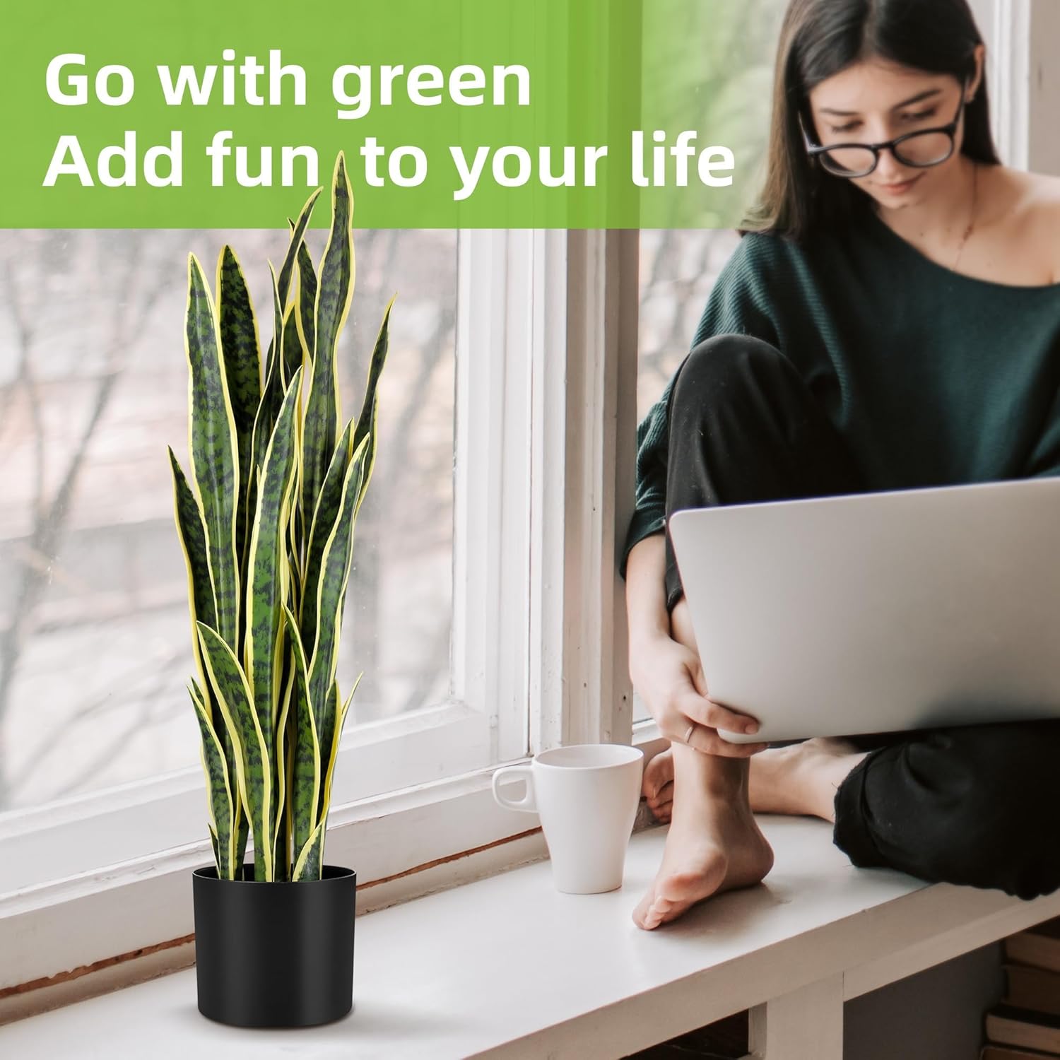 KOL 3ft 2PCS Artificial Snake Plant, 32 PVC Lifelike Leaves, 35in Faux Sansevieria for Indoor Home & Garden Decor, Potted Mother-in-Law's Tongue Plants, Yellow