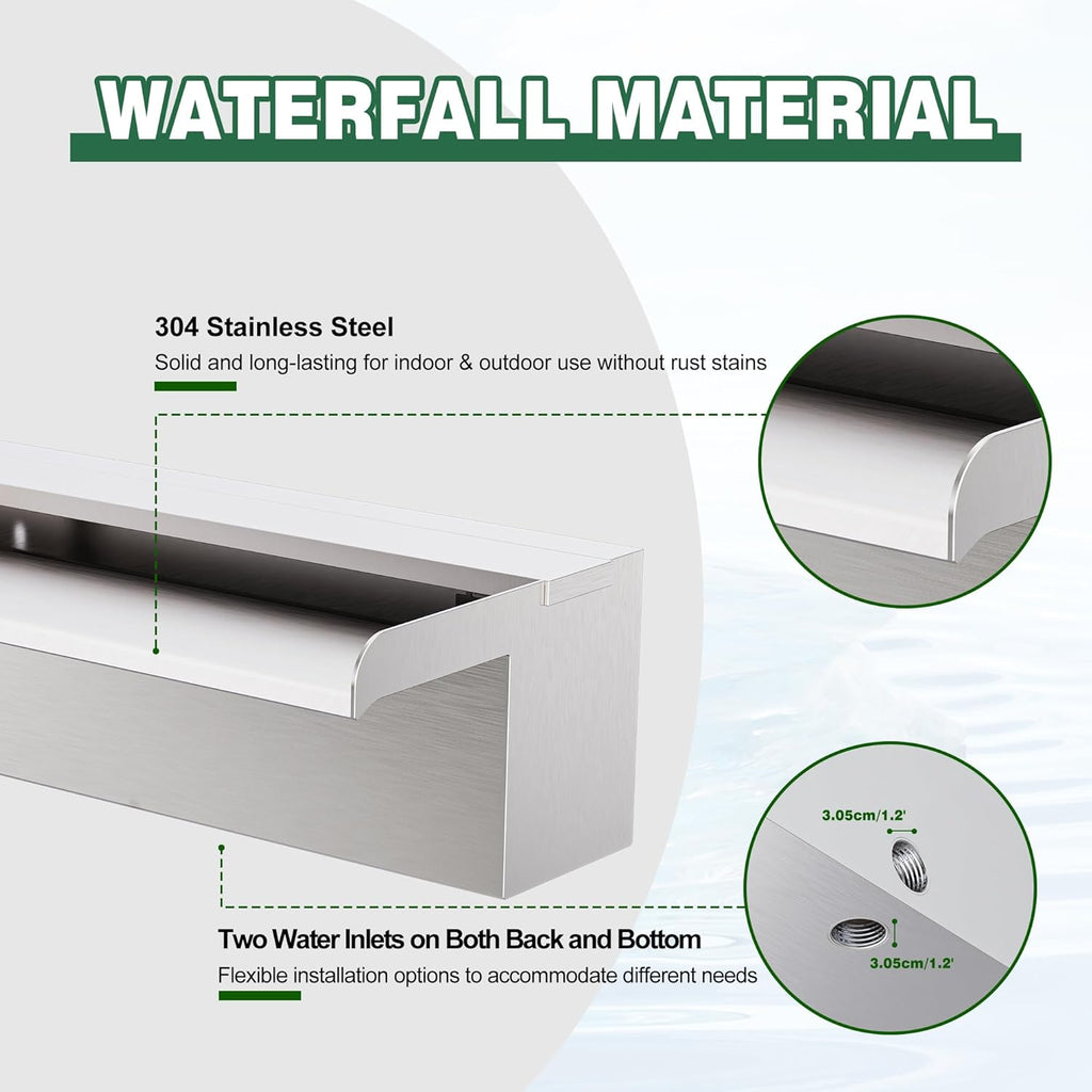 Waterfall Pool Fountain LONGRUNNEW 304 Stainless Steel 11.8" Rectangular Waterfall Spillway, Water Fall Fountain with Pipe Connector for Garden Outdoor, Swimming Pools, Fountains, Pond and Spa