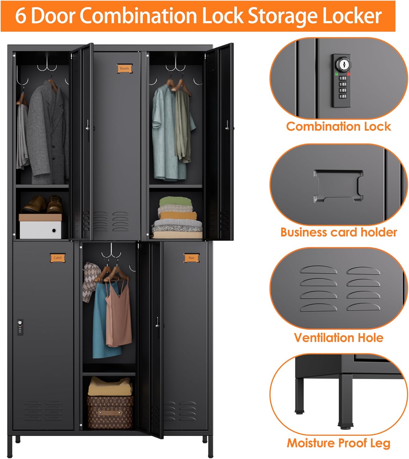 6 Doors Metal Lockers for Employees with Combination Locks and 6 Shelves, Storage Locker with 18 Hooks and Business Card Holder for Office Gym School Bedroom, Assembly Required, Black