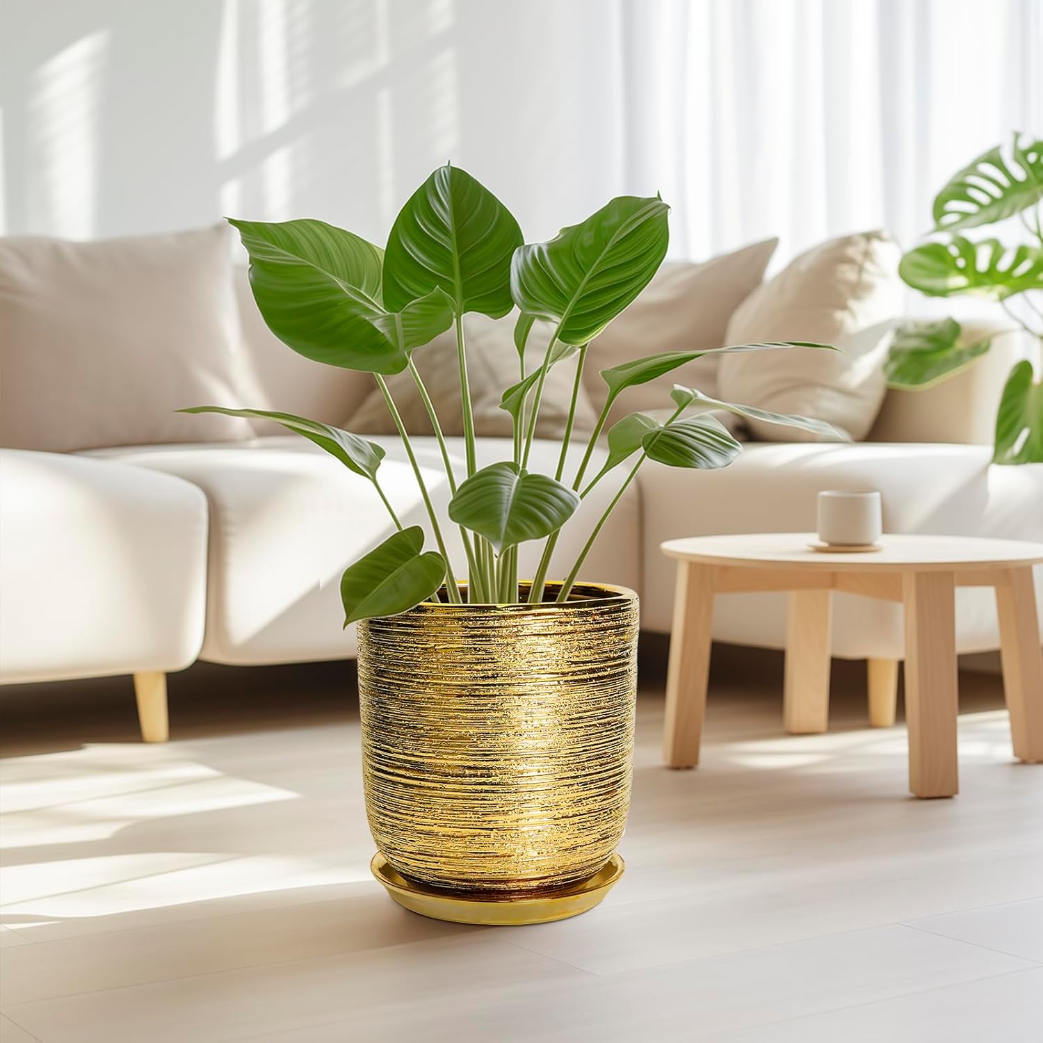 Ceramic Flower Pot for Indoor Plants - 10 Inch Plant Pot with Drainage Hole and Saucer, Decorative Round Outdoor Indoor Planter, Housewarming Gifts, Home Garden Decor, Gold