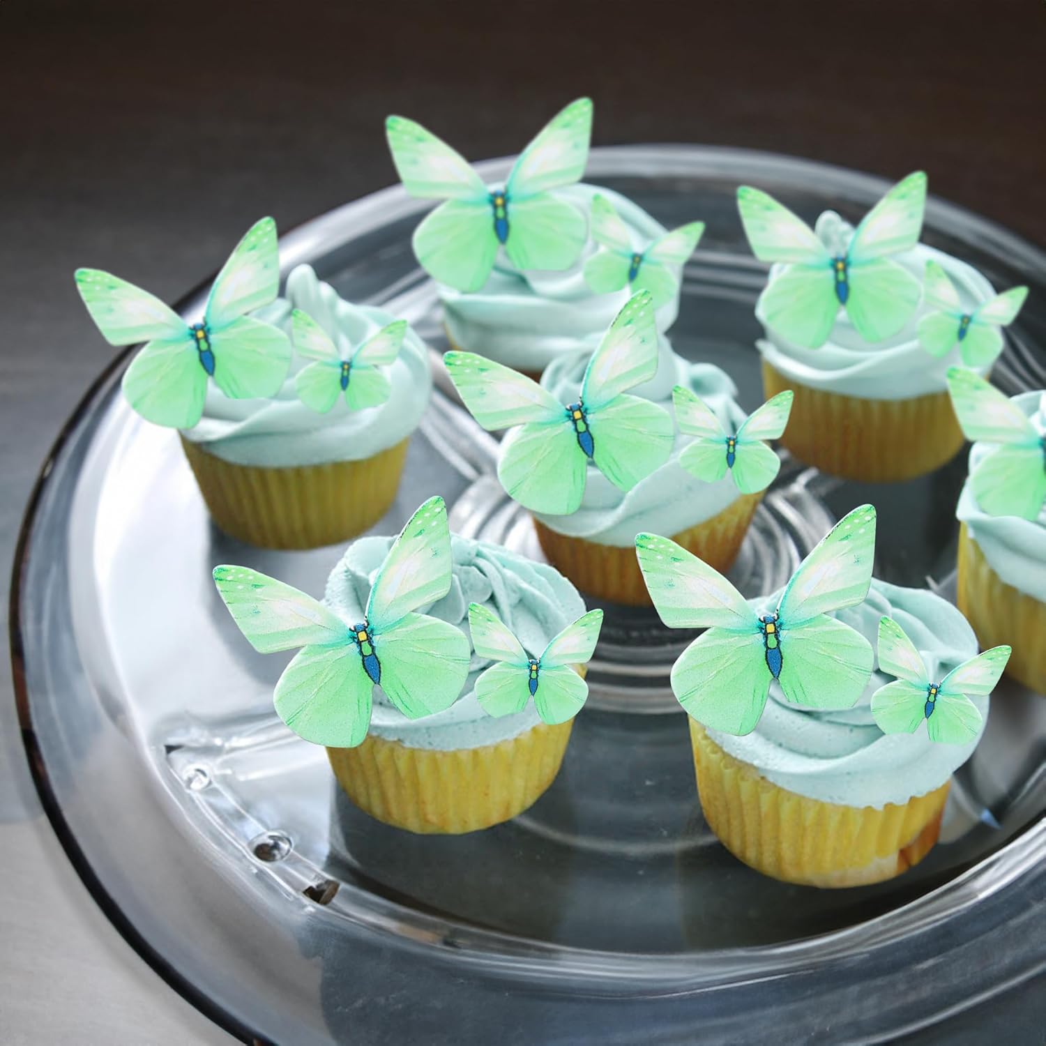 Ephlyn 72Pcs Wafer Paper Butterflies Cupcake Toppers, Edible Butterfly Cake Decorations, Butterfly Theme Birthday Party Decorations for Wedding Birthday Anniversary Party Decorations Green