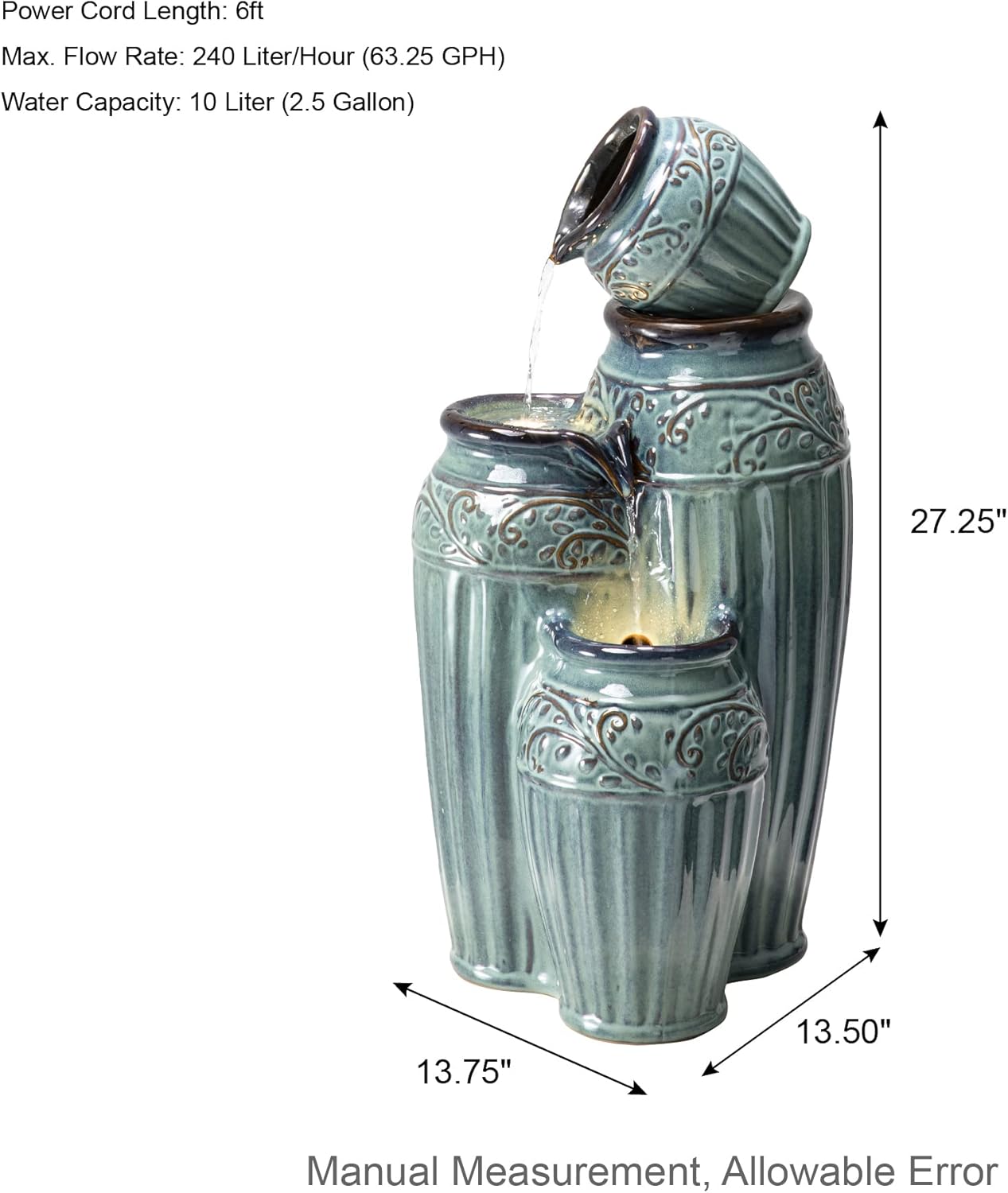 Glitzhome 27.25" H Outdoor Garden Water Fountain with LED Lights and Pump, 4 Tier Turquoise Embossed Pattern Ceramic Pots Cascading Floor Standing Fountain for Porch Deck Patio Backyard Decoration