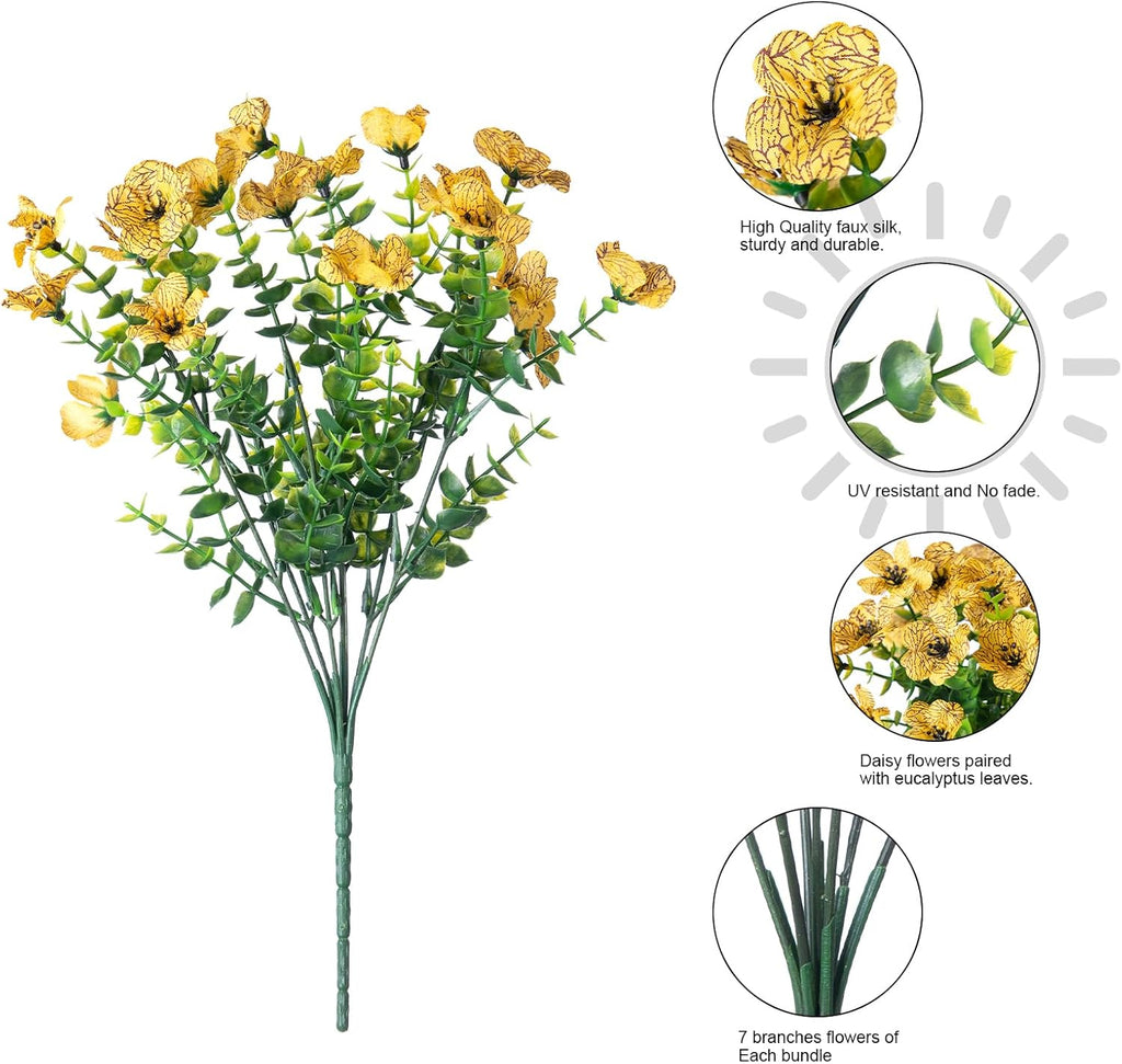 Artificial Fall Flowers Faux Mums for Outdoor Indoor Garden Home Decoration, Faux Flower Daisy with Eucalyptus Leaves Fake Mums Plants Greenery Boxwood Porch Patio, 12 Bundles (OrangeYellow)