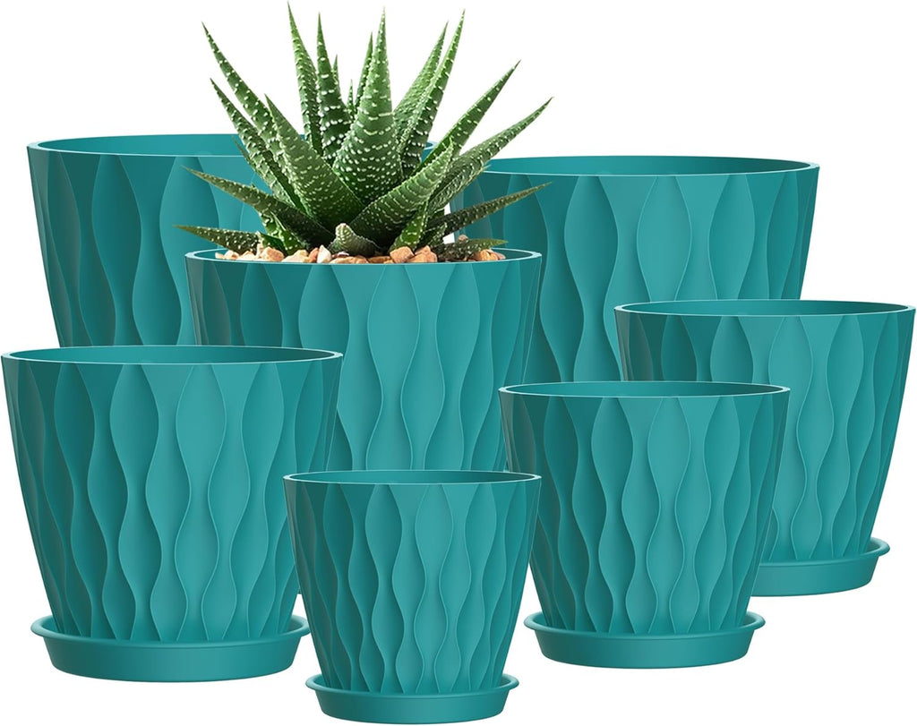 4/4.5/5/5.5/6/6.5/7 Inch Plant Pots,7 Pack Flower Pots with Drainage Holes and Trays,Plastic Planters for Indoor Outdoor Plants Growth,Green